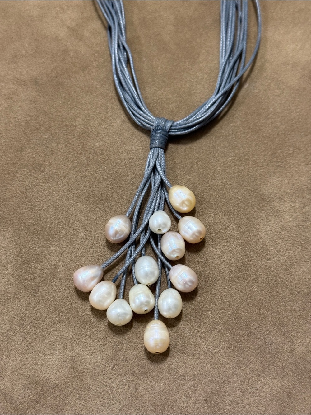 Pearl Drop Multi-Strand Necklace - Gray Cord